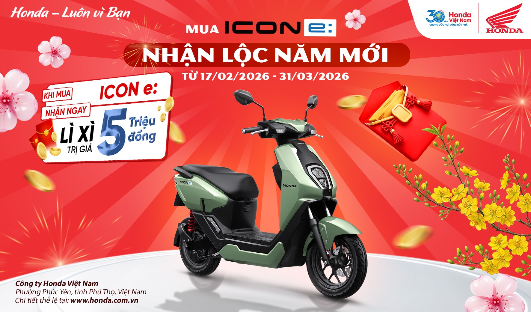Lì xì đầu xuân, Honda Việt Nam ưu đãi đặc biệt 5 triệu đồng cho    xe gắn máy điện Honda ICON e: