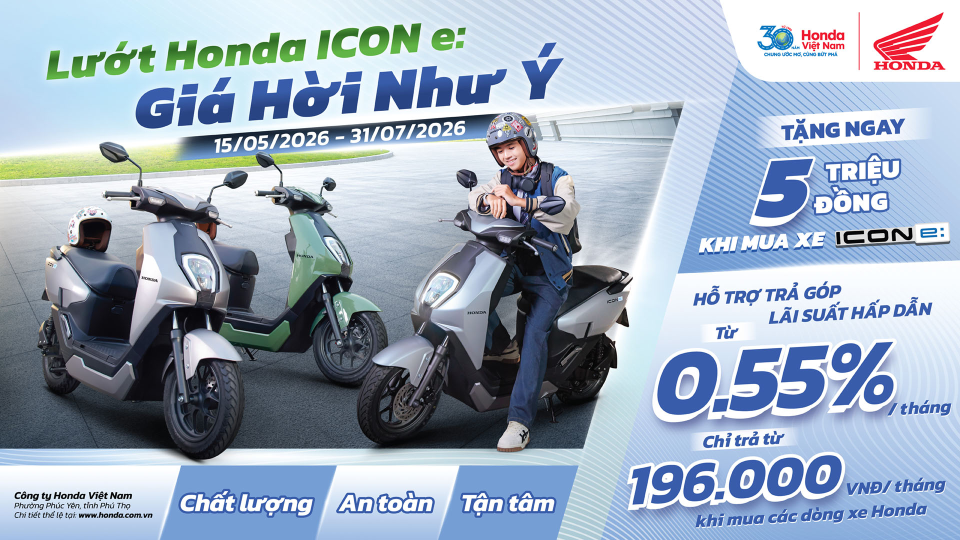 Lướt Honda ICON e: – Giá hời như ý, Honda Việt Nam  dành tặng khách hàng ưu đãi 5 triệu đồng cho xe gắn máy điện Honda ICON e: và chương trình trả góp lãi suất hấp dẫn